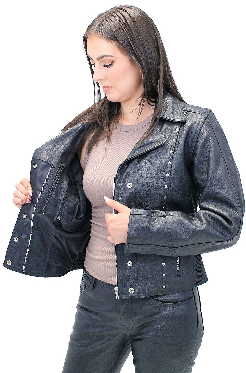 Black Rivet Trim Cowhide Motorcycle Jacket #L4042RZK (XS-S, 3X)