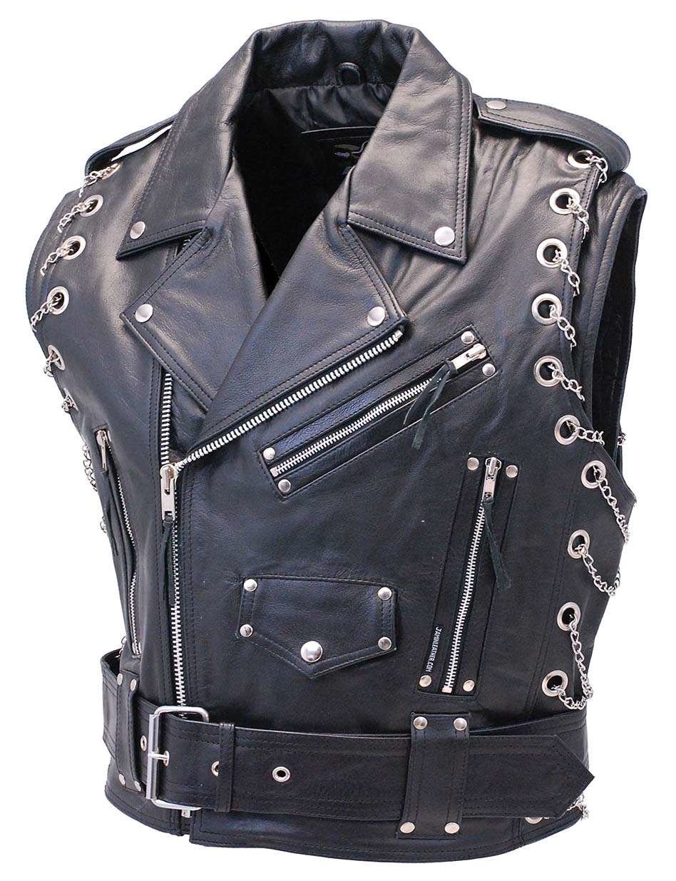 Chromed Out Leather Motorcycle Vest w/Chains #VM2001MCC