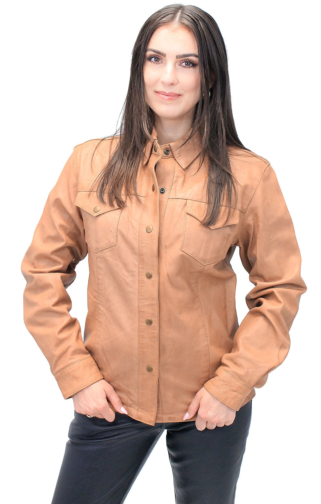 Women's Vintage Tan Soft Lambskin Leather Shirt  #LSA862T (L-5X)