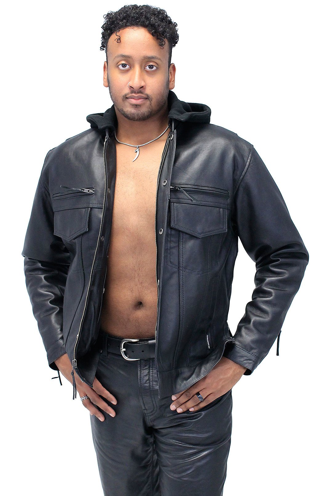 Men's Black Lambskin Hooded Jean Jacket w/Vents #M6905GHK