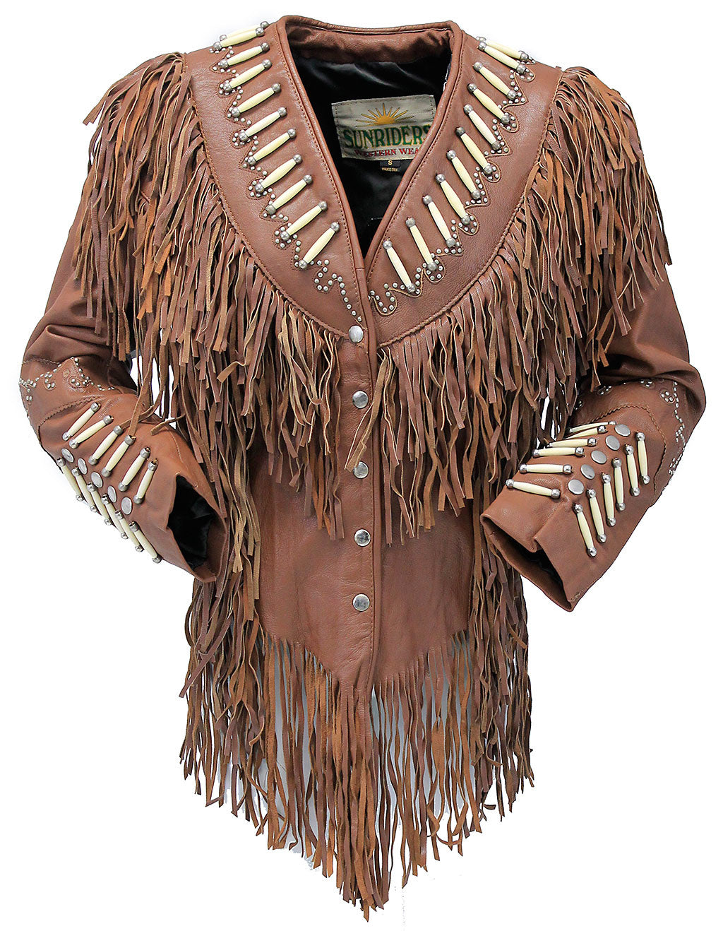 The Native American Western Women's Cow Leather store Jacket with Fringe and bone