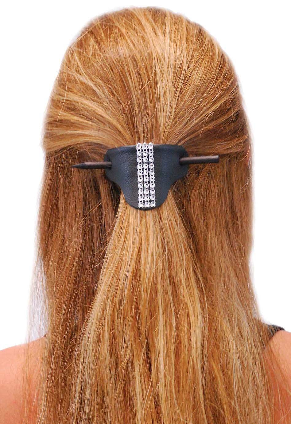 Black Leather Stick Barrette w/Crystal Stripe #AH14050SIL