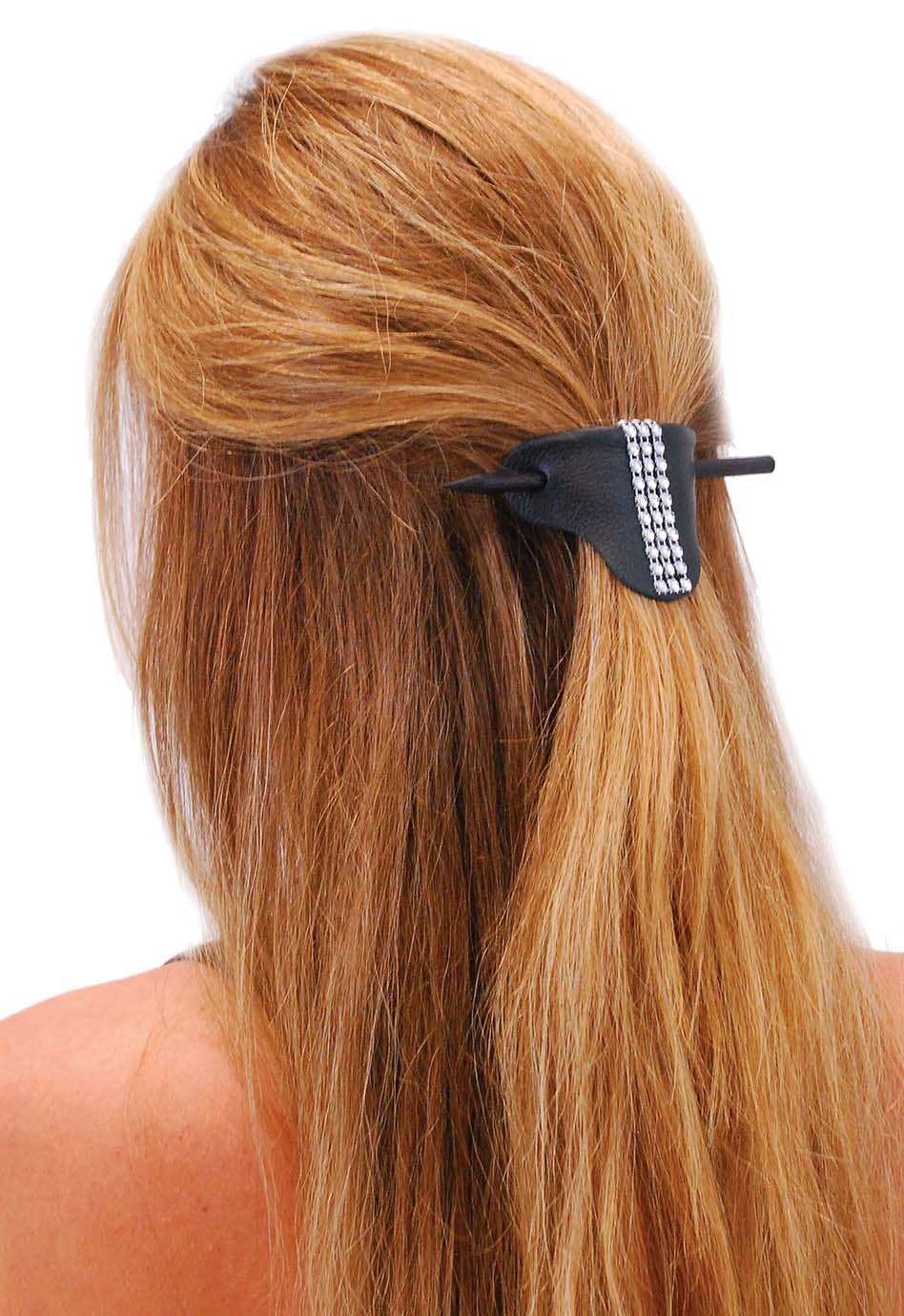 Black Leather Stick Barrette w/Crystal Stripe #AH14050SIL