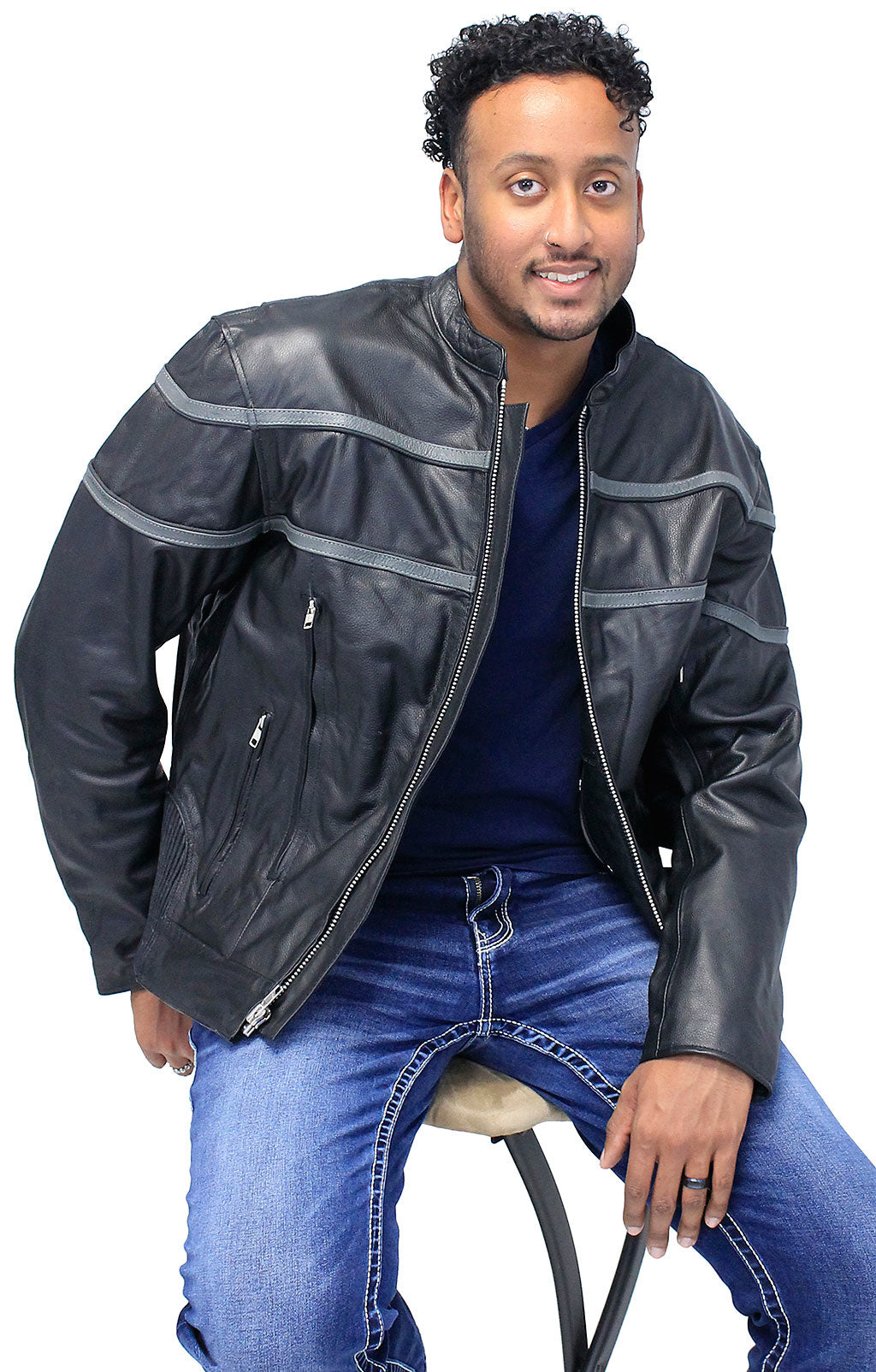 Men's Double Gray Stripe Vented Leather Jacket w/Reflector #M604918VZK