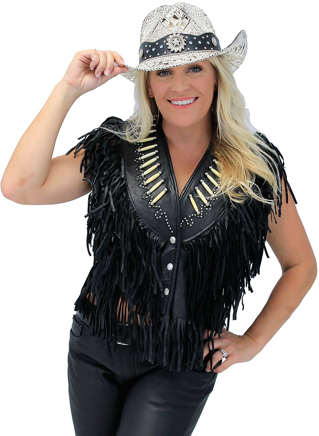 Genuine Bone Studded Fringe Leather Vest #VL4253FBSK (XS-L)