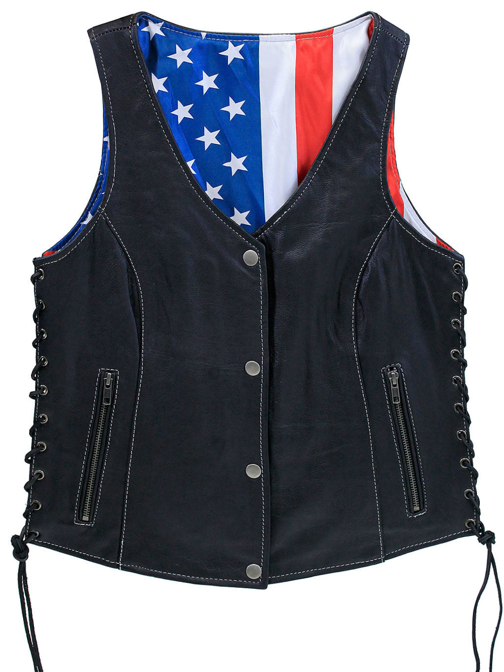 USA Flag Lined Women's Side Lace Concealed Pocket Leather Vest #VL6890USA