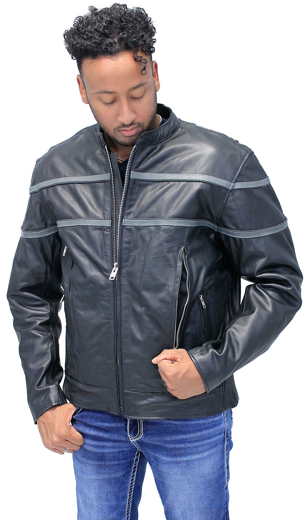 Men's Double Gray Stripe Vented Leather Jacket w/Reflector #M604918VZK