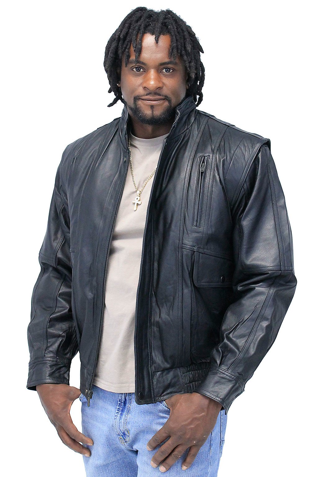 Black Leather Bomber Jacket w/Mandarin Collar #M511ZK (XS-M)