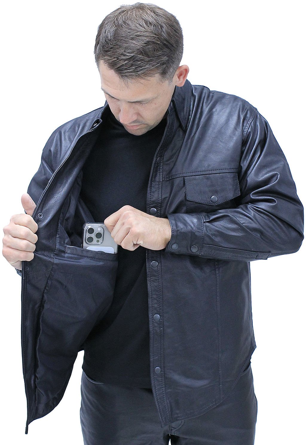 Men's Classic Snap Premium Sheepskin Black Leather Fully good Lined Leather Shirt