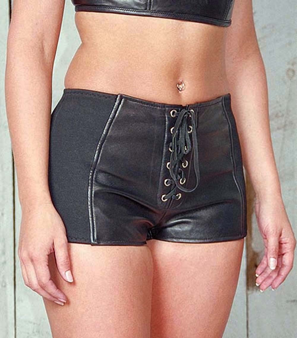 Stretch Sides Lace-Up Leather Shorts #SH717LSK