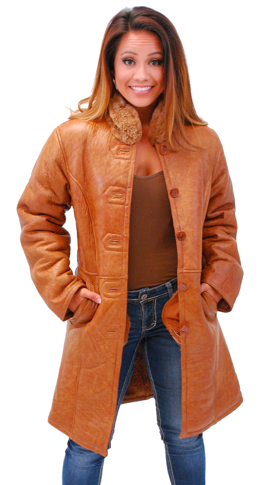 Women's Tan Genuine Sheepskin Fur Lined Trench Coat #L1319HN (S-XL)