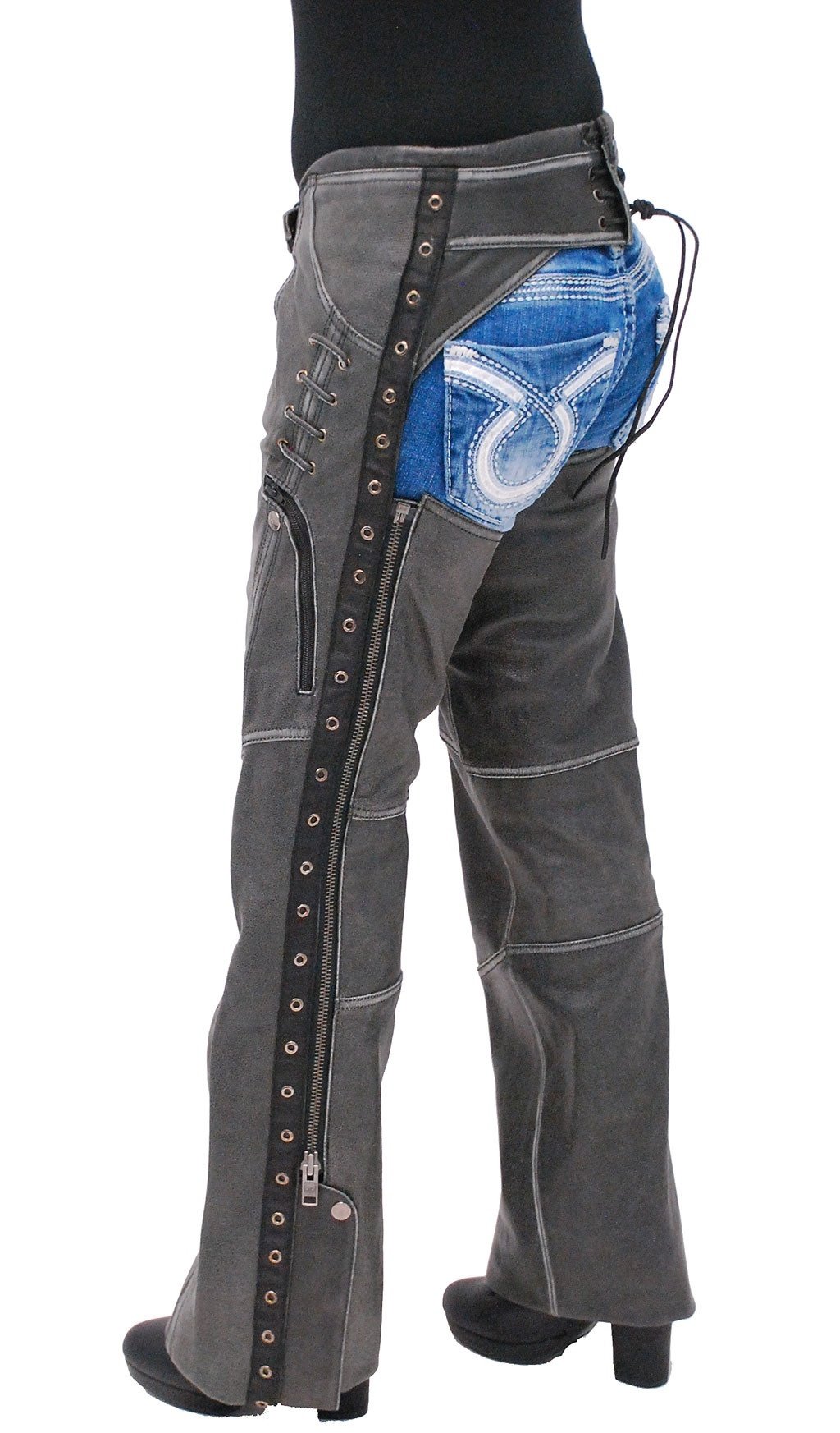 Eyelet Trim Stretch Thigh Vintage Gray Leather Chaps w/Zip Pocket #CL6536EYGY