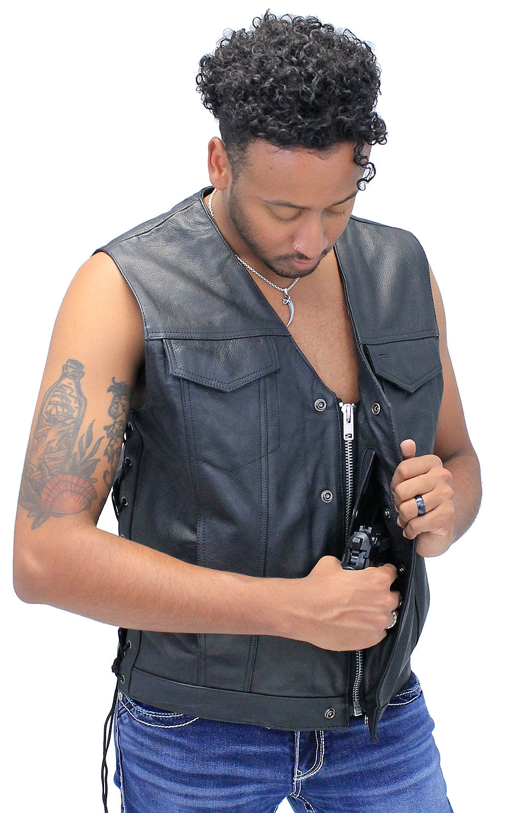 (d) Men's Side Lace V-Neck Vest w/Easy Access Pocket #VM2645GZLK