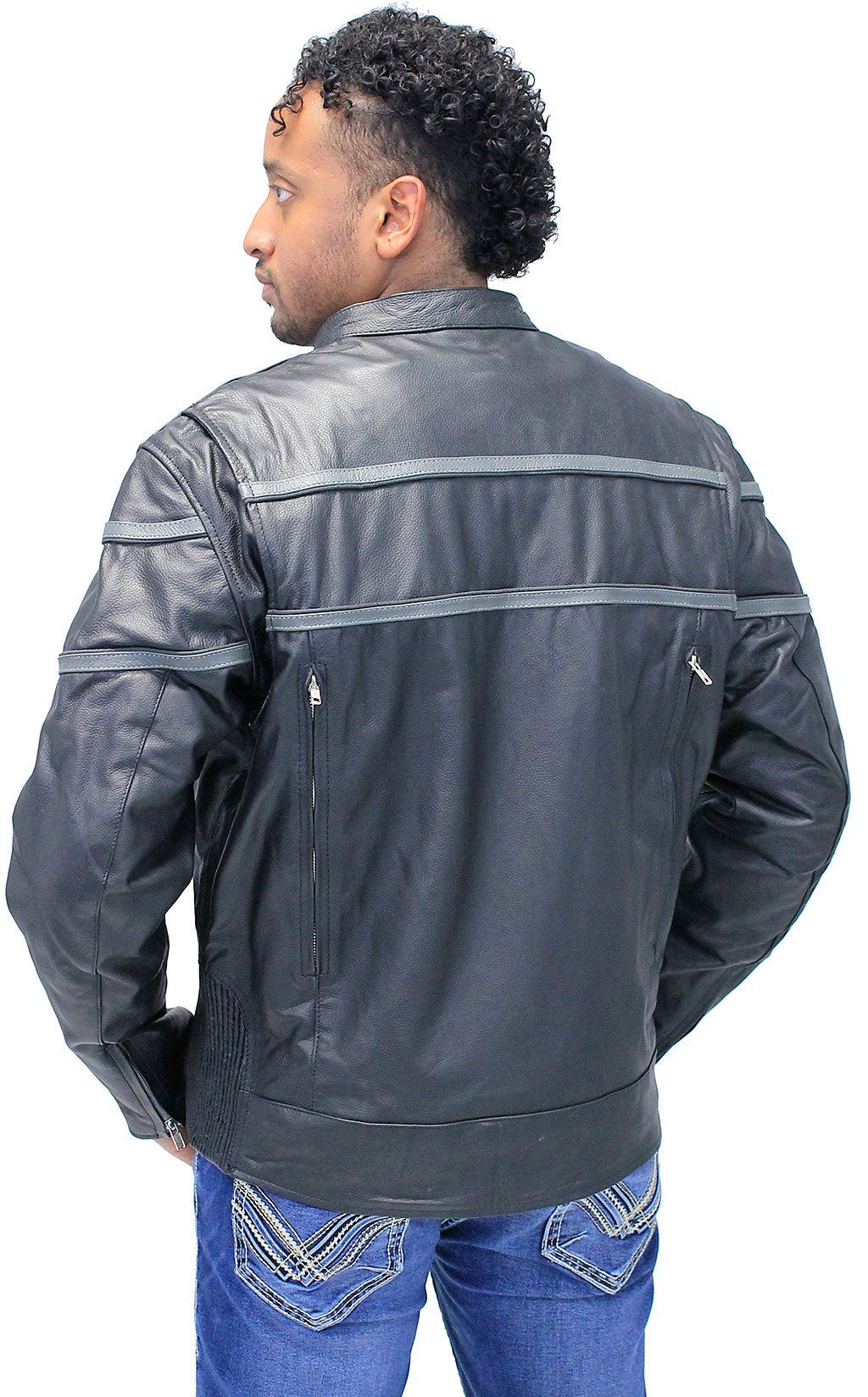 Men's Double Gray Stripe Vented Leather Jacket w/Reflector #M604918VZK