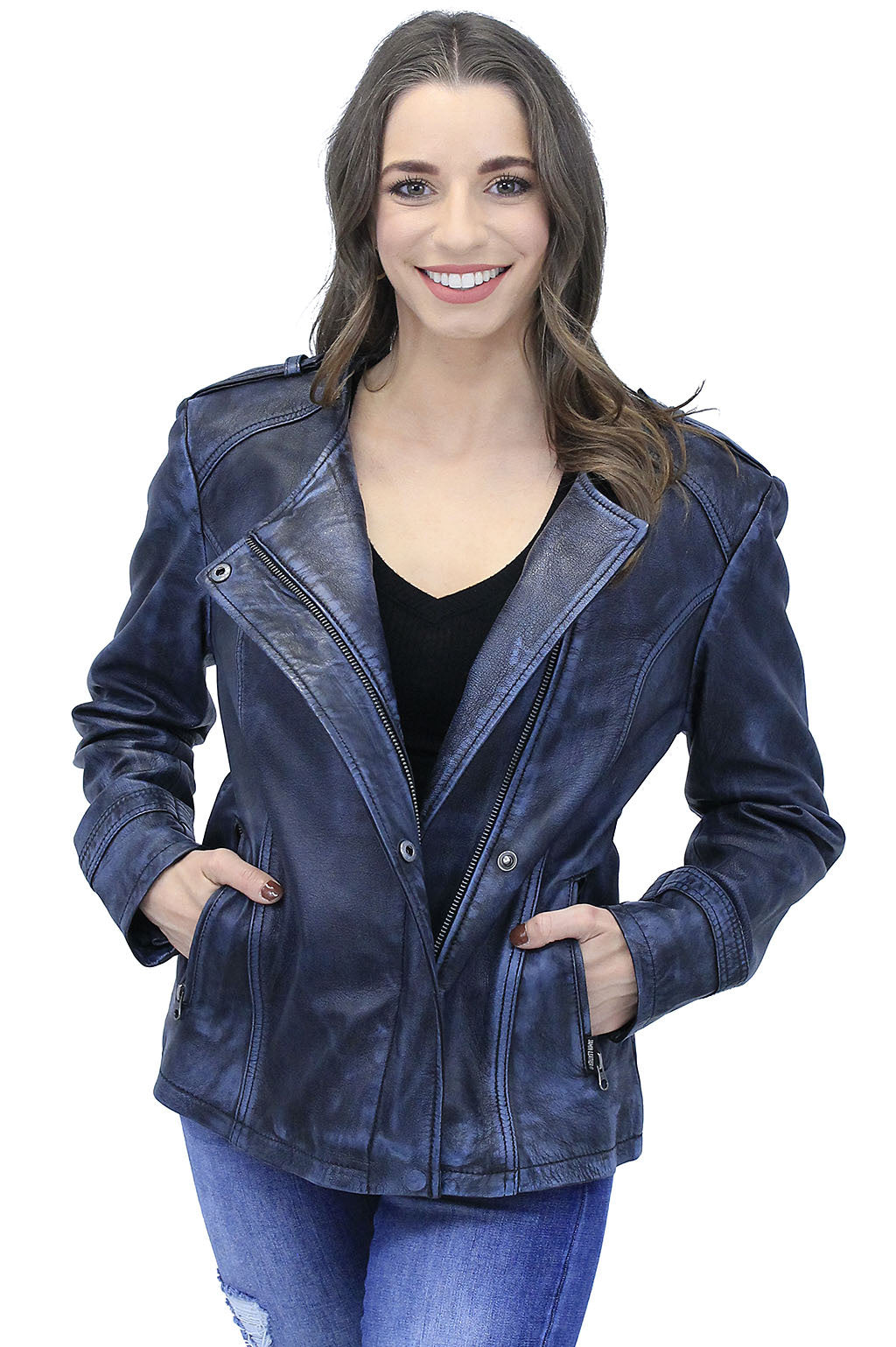 Women's Blue Beauty Leather Jacket CC Pocket #LA60624GU