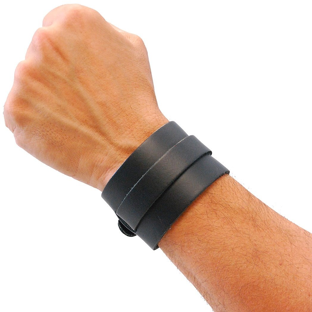 Black Layered Leather Buckled Wristband #WB18070K