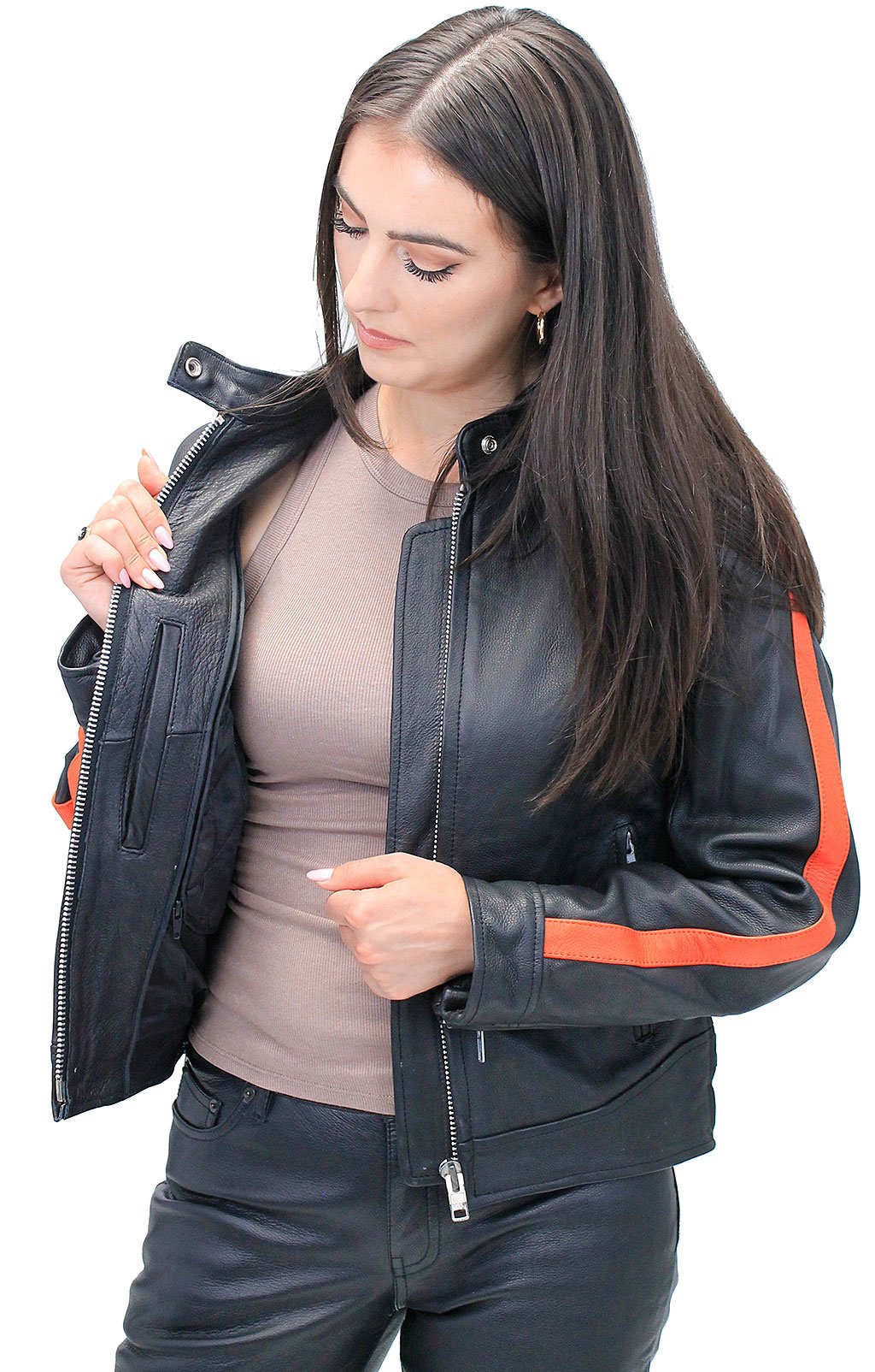 Orange Strip Women's Leather Motorcycle Jacket #L654416ZO (S-2X)