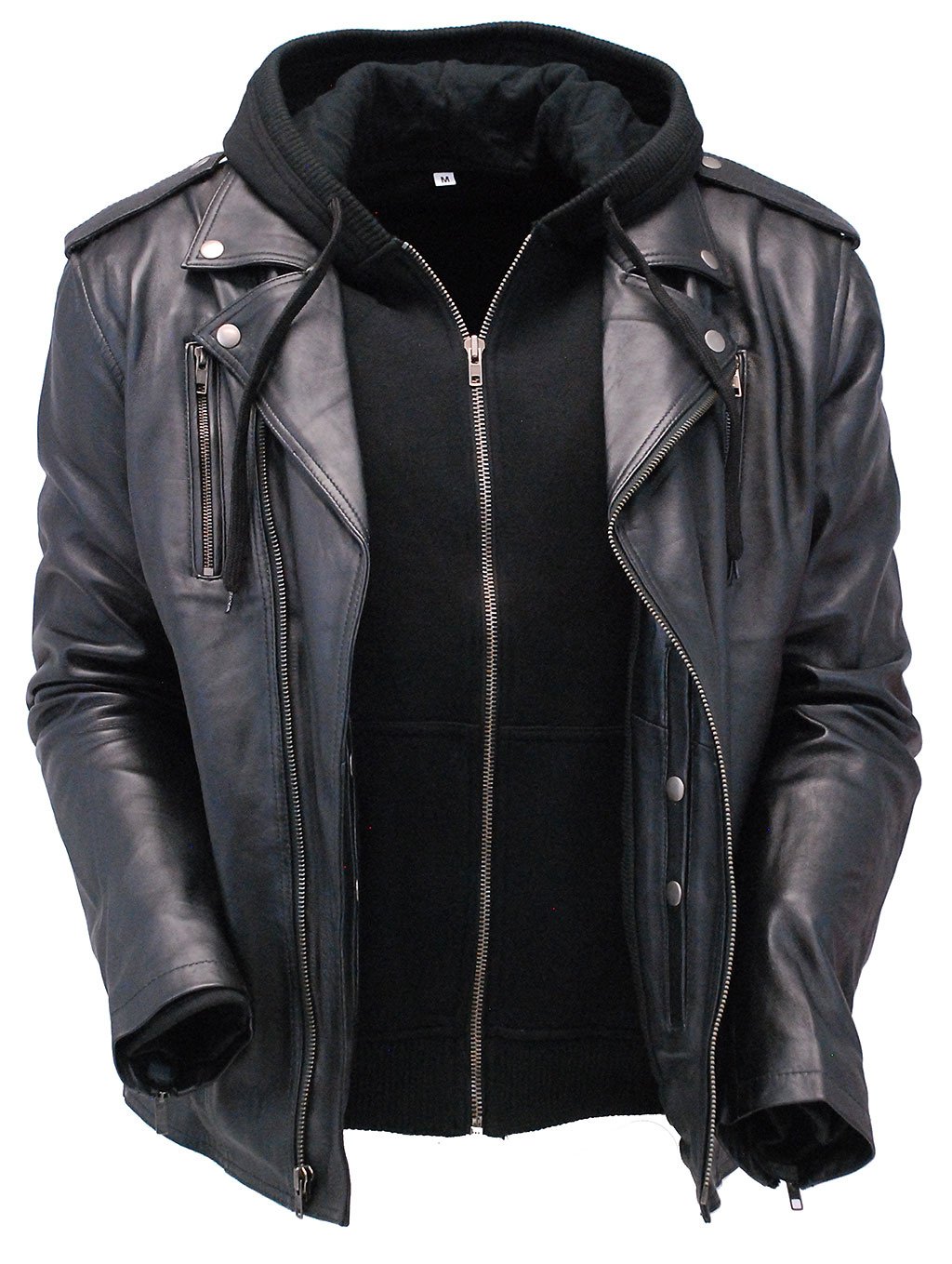 Men's Soft Black Leather Motorcycle Jacket w/Hoodie #M6925VHGK