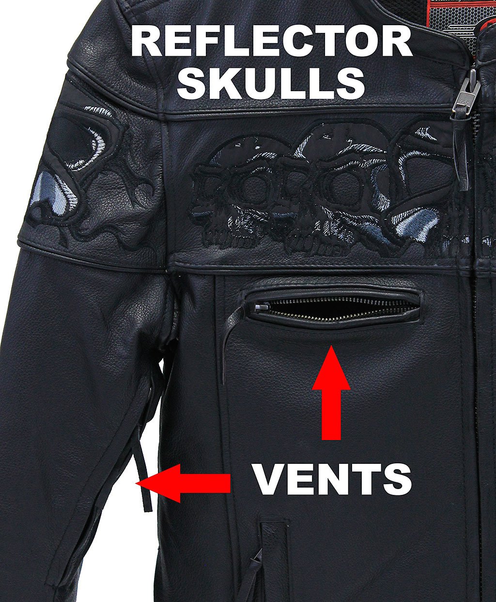 Ultra Premium Leather Reflective Skull Jacket w/Concealed Pocket #M15000GZSK