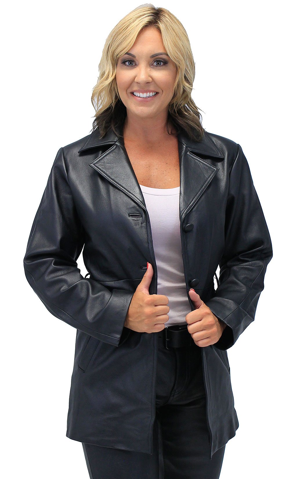 36'' Women's Premium Genuine Cowhide Leather Coat w/Removable Belt #L247LLBTK (S-XL)