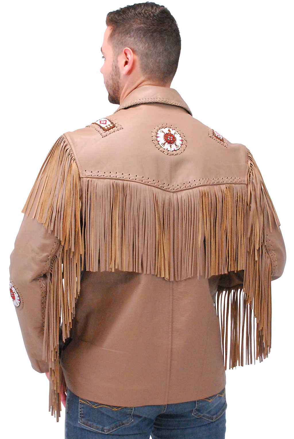 Western Brown Leather Jacket w/Fringe & Bone Beading #M2633BBFN (2X-3X)