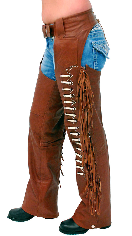 Brown Leather Chaps w/Fringe & Bone Beading #C4300FBN (XS-XL)