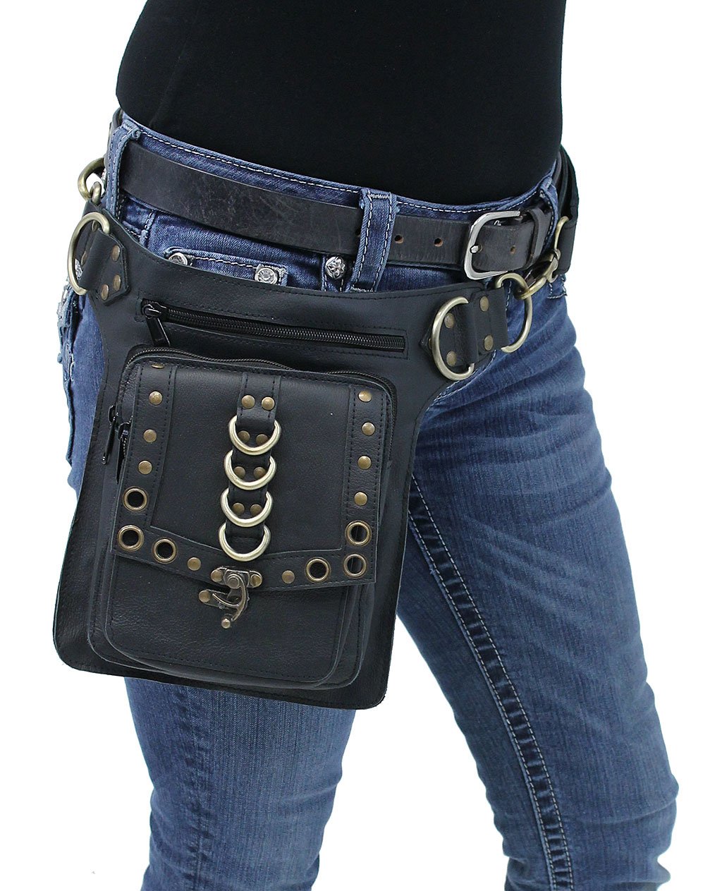 (d) Black Heavy Leather Multi-D-Ring Thigh Bag Waistbag #TB70150DK