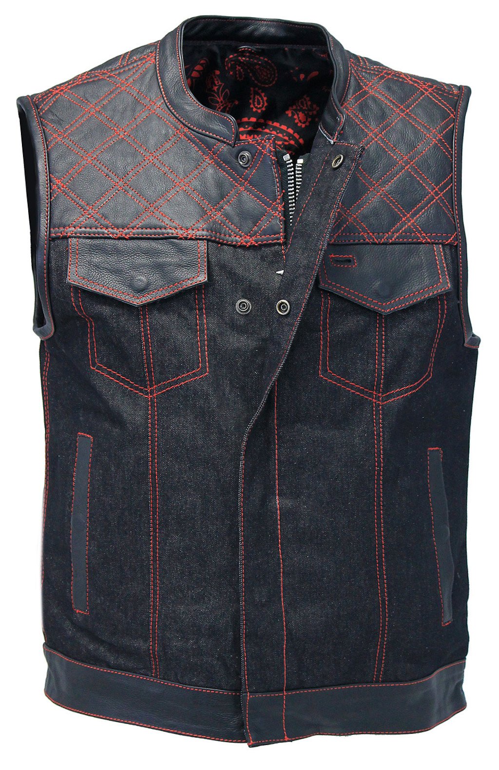 Red Stitch Denim Leather Quilt Concealed Pockets Vest #VM6678DGQR