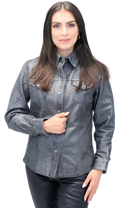 Women's Vintage Gray Leather Shirt #LS8623GY (M-2X)