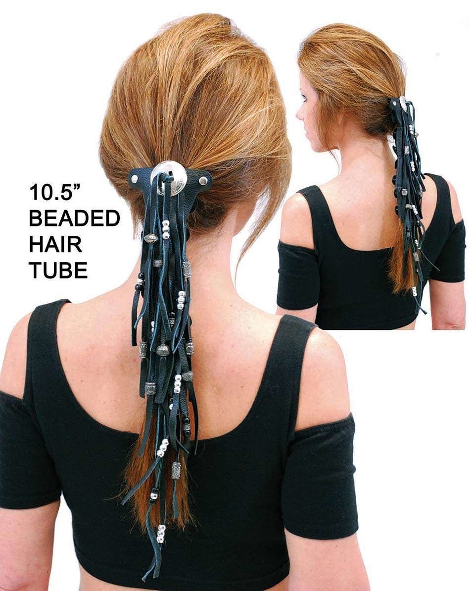 Extra Long Silver Beaded Black Leather Hair Tube #AHW6543FBS