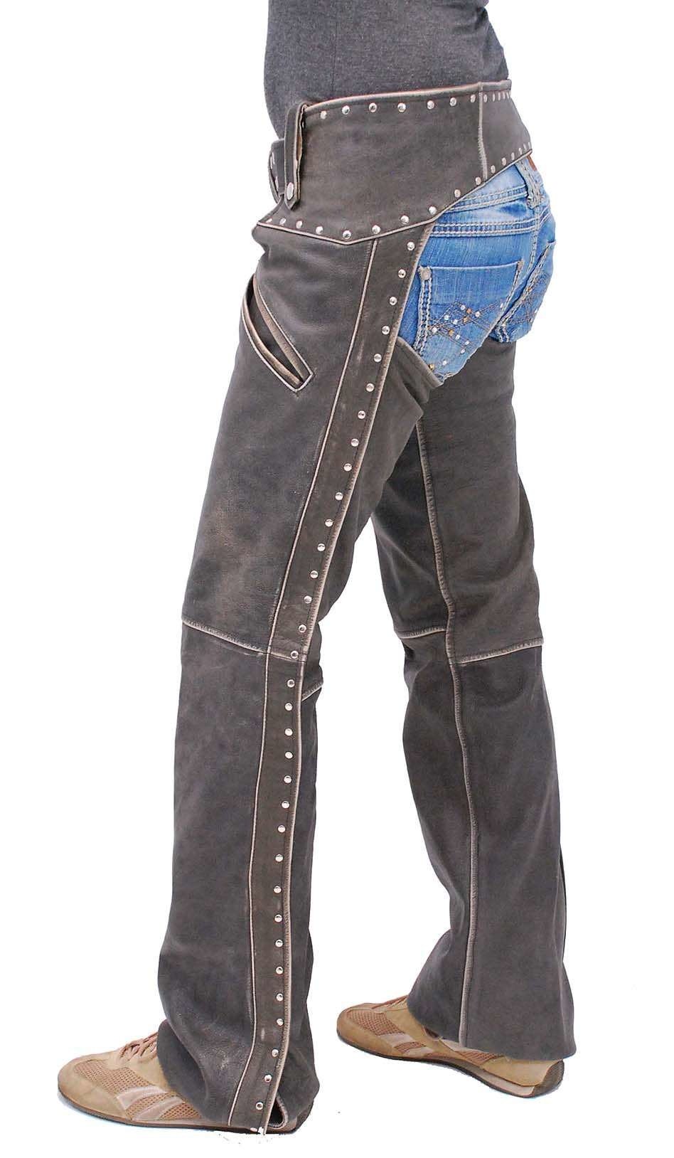 Women's Studded Trim Vintage Brown Chaps w/Pant Pockets #CA2801RDN (L-3X)