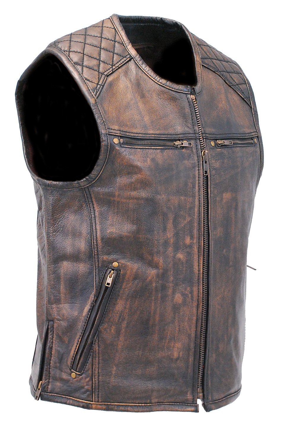 Men's Vintage Brown Quilt Leather Concealed Pocket Vest #VMA6714QGN