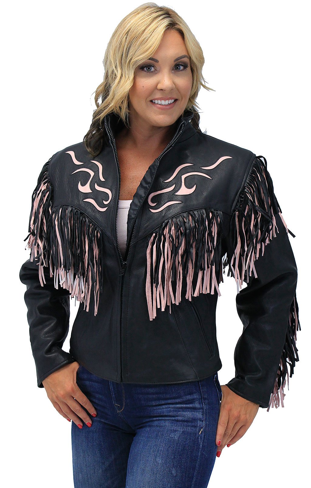 Women's Pink Fringed Genuine Leather Jacket with Inlays #L284FTP (XS-M)