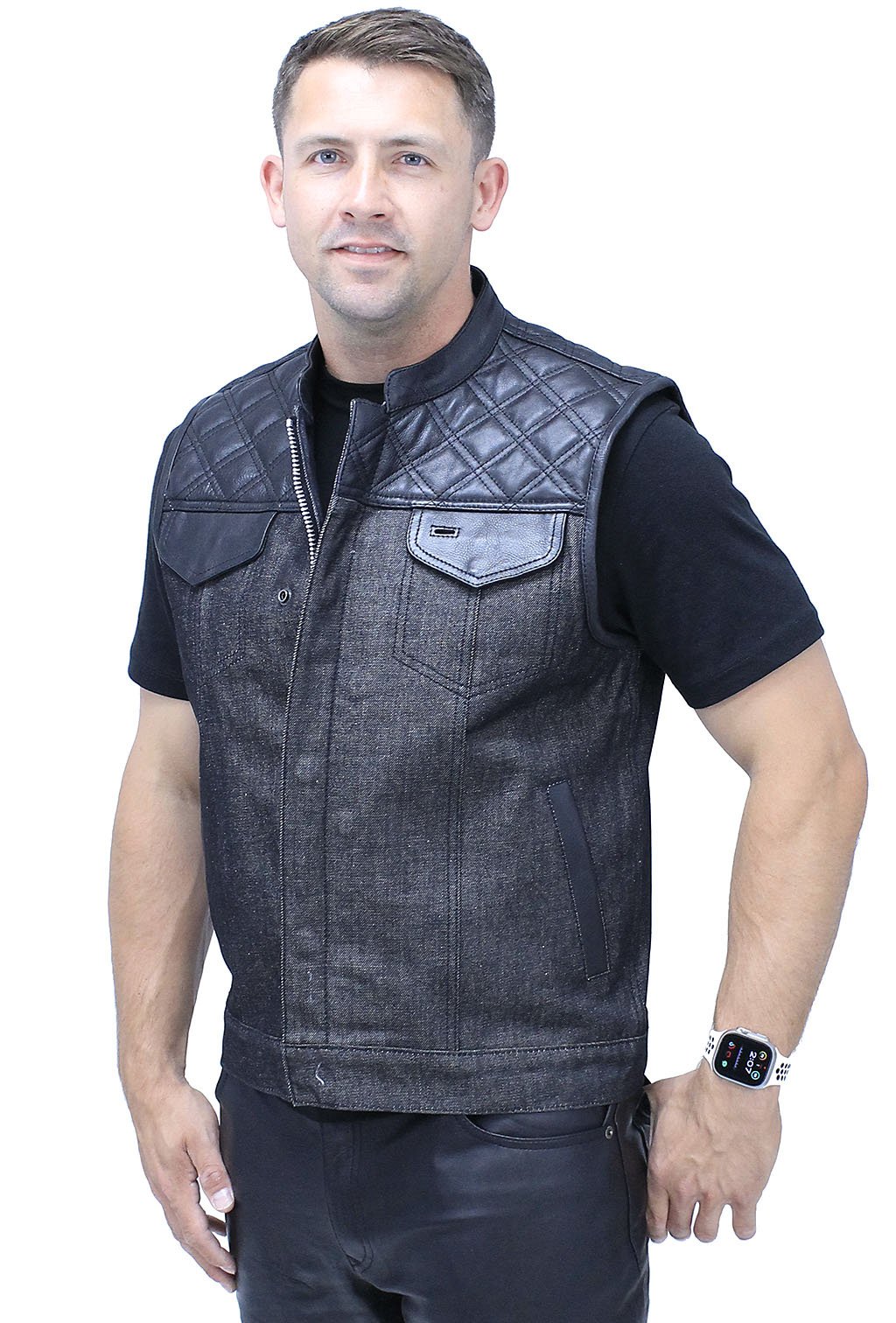 Black Denim Leather Quilt Concealed Pockets Club Vest #VM6676DGQK