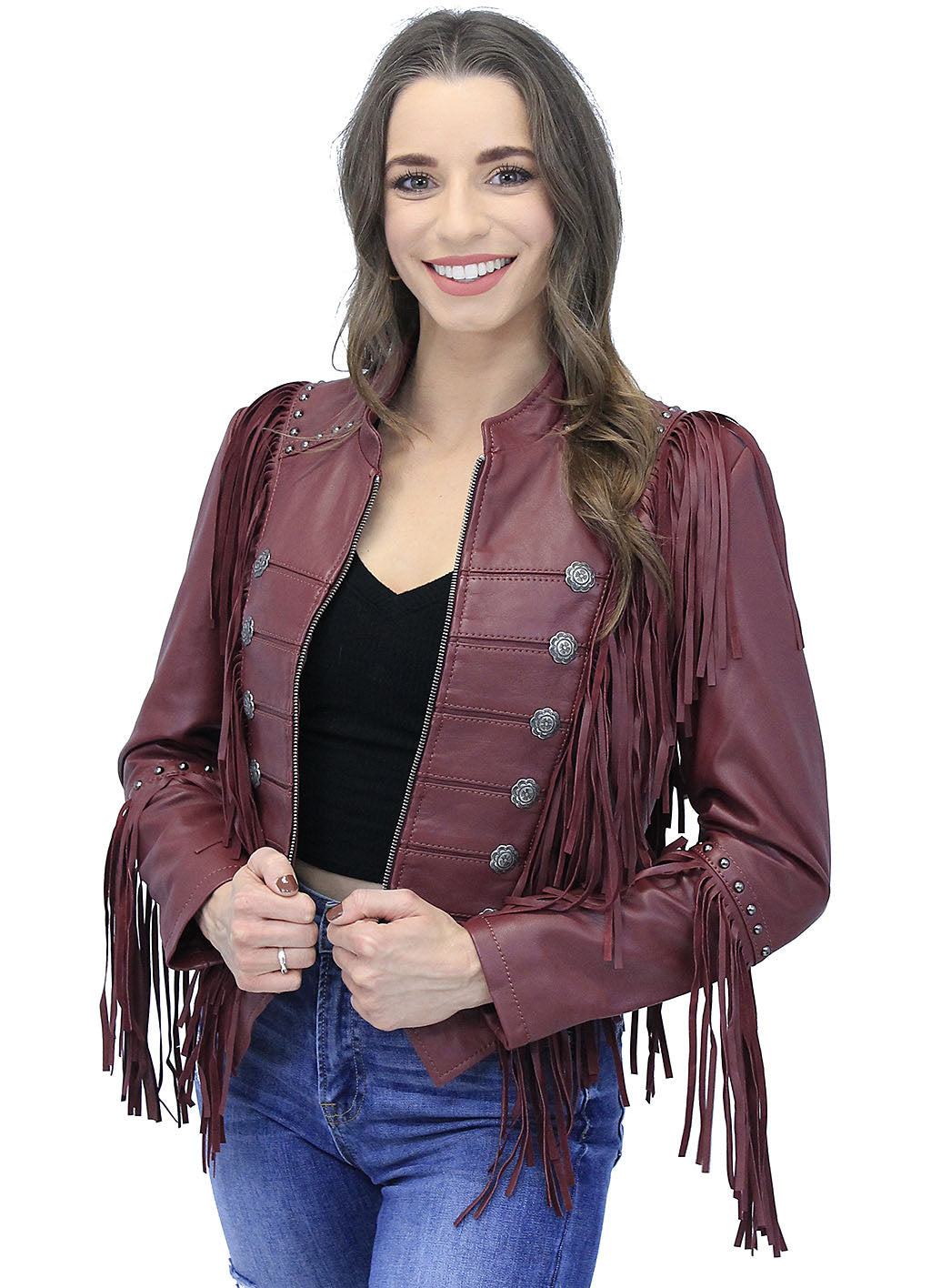 Burgundy Red Leather Fringed Band Leader Jacket #L98426SFR