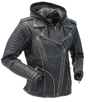 Women's Vintage Vented Concealed Pockets Motorcycle Jacket with Hoodie #LA2516VHK
