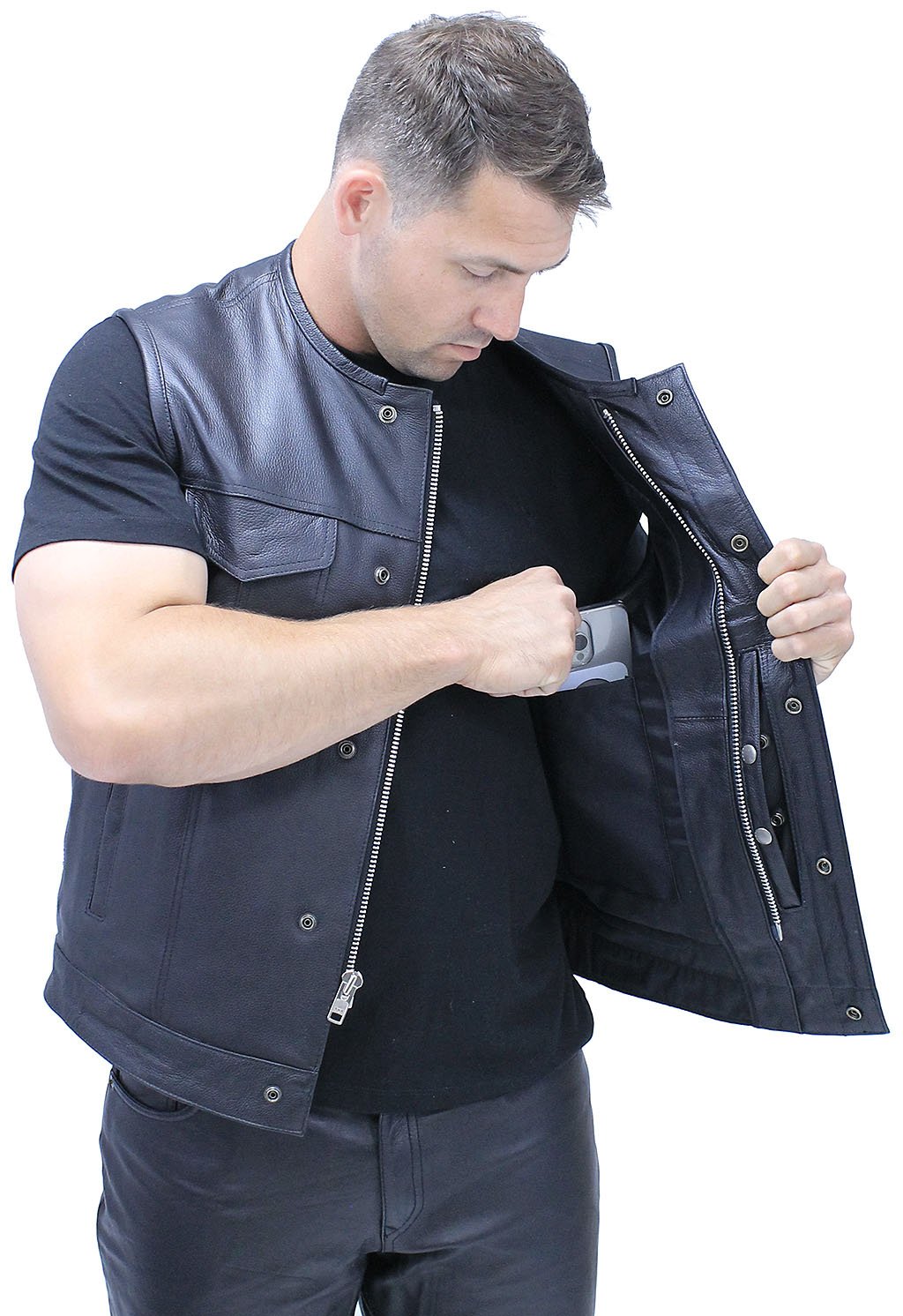 Collarless Premium Buffalo Leather Snap & Zip Concealed Pocket Vest #VM7410GK