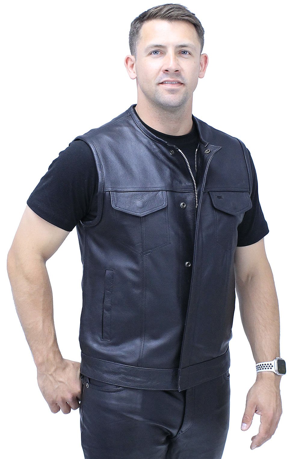 Collarless Premium Buffalo Leather Snap & Zip Concealed Pocket Vest #VM7410GK