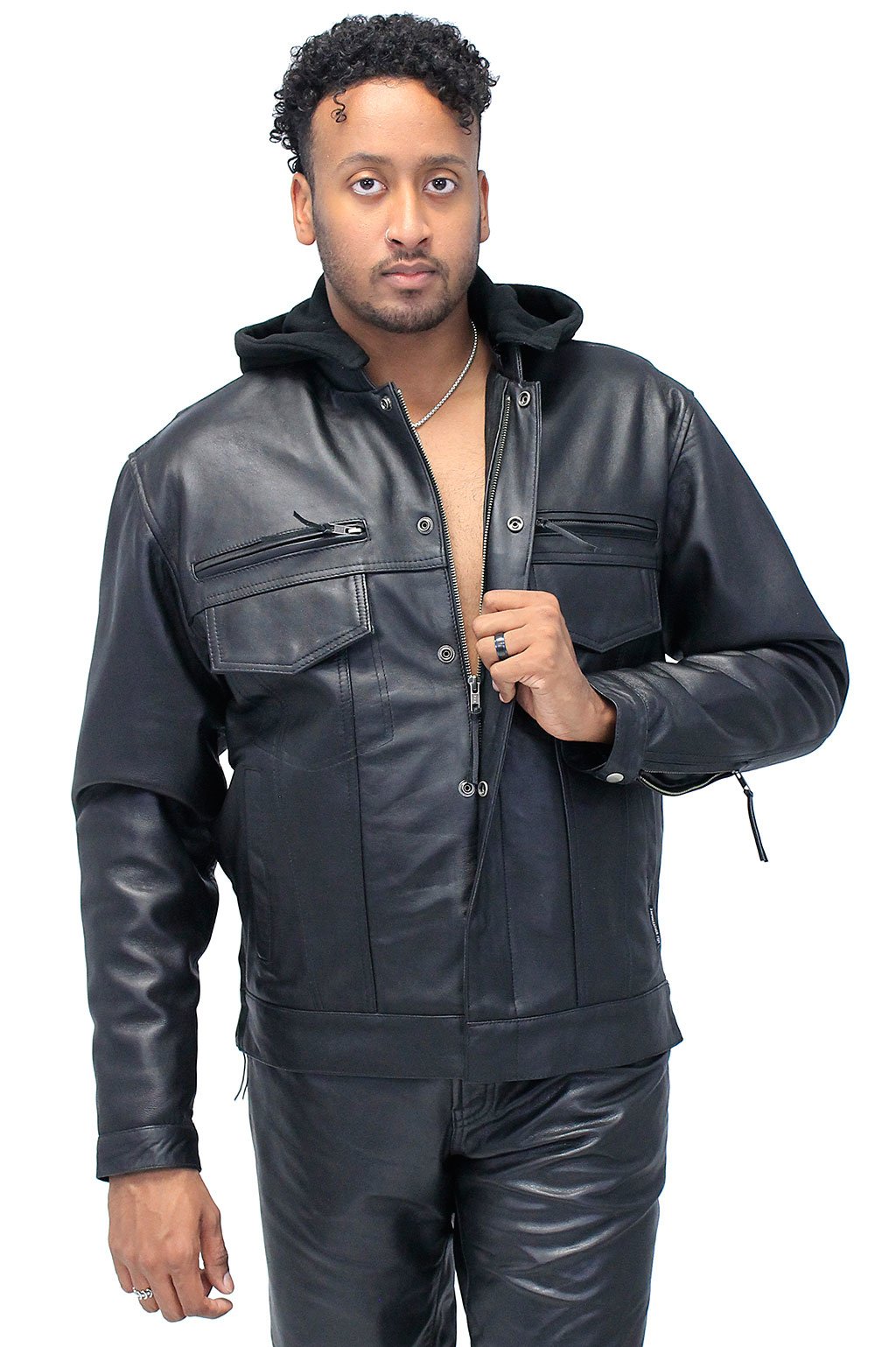 Men's Black Lambskin Hooded Jean Jacket w/Vents #M6905GHK