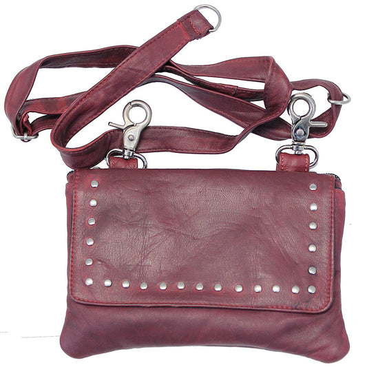 Burgundy Lambskin Stud Trim Leather Hip Klip Bag #PKK9702RR