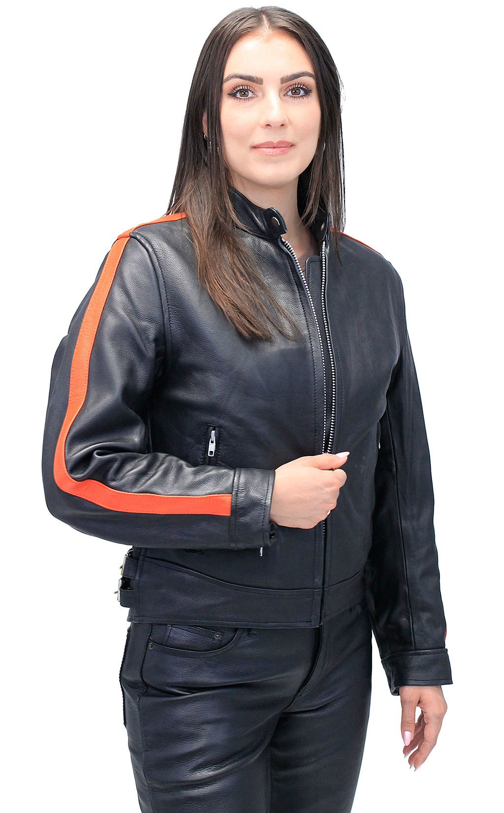 Orange Strip Women's Leather Motorcycle Jacket #L654416ZO (S-2X)