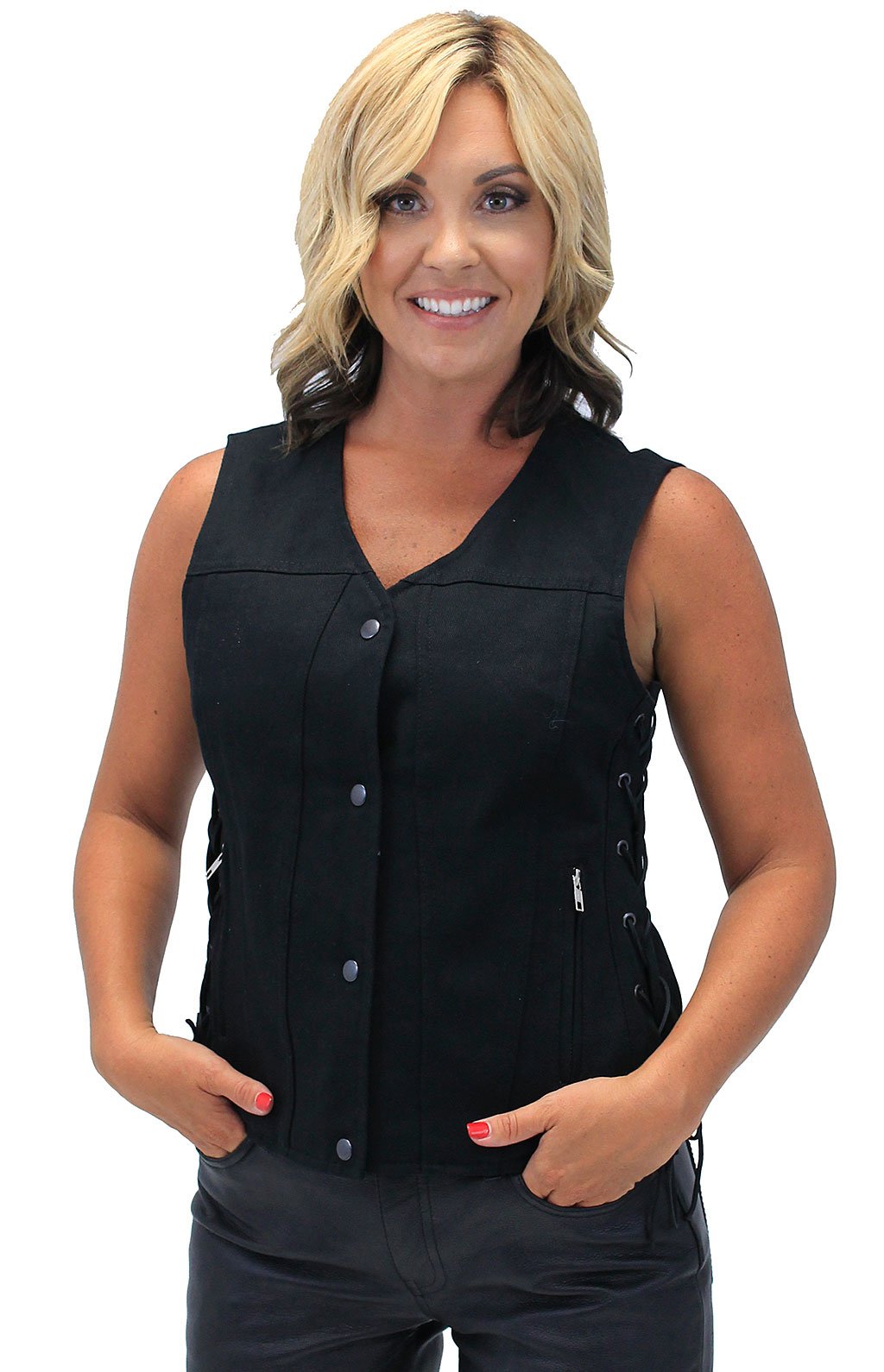 Heavy Denim Women's Side Lace Concealed Pocket Biker Vest #VLC519GLK