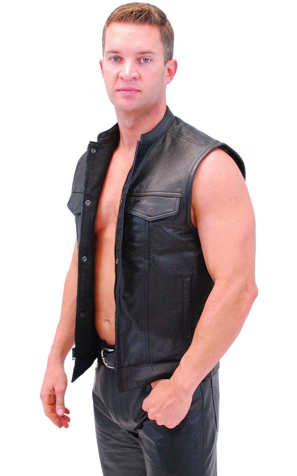 Men's Snap & Zip Buffalo Leather Club Vest w/1 Piece Back #VM690GZK