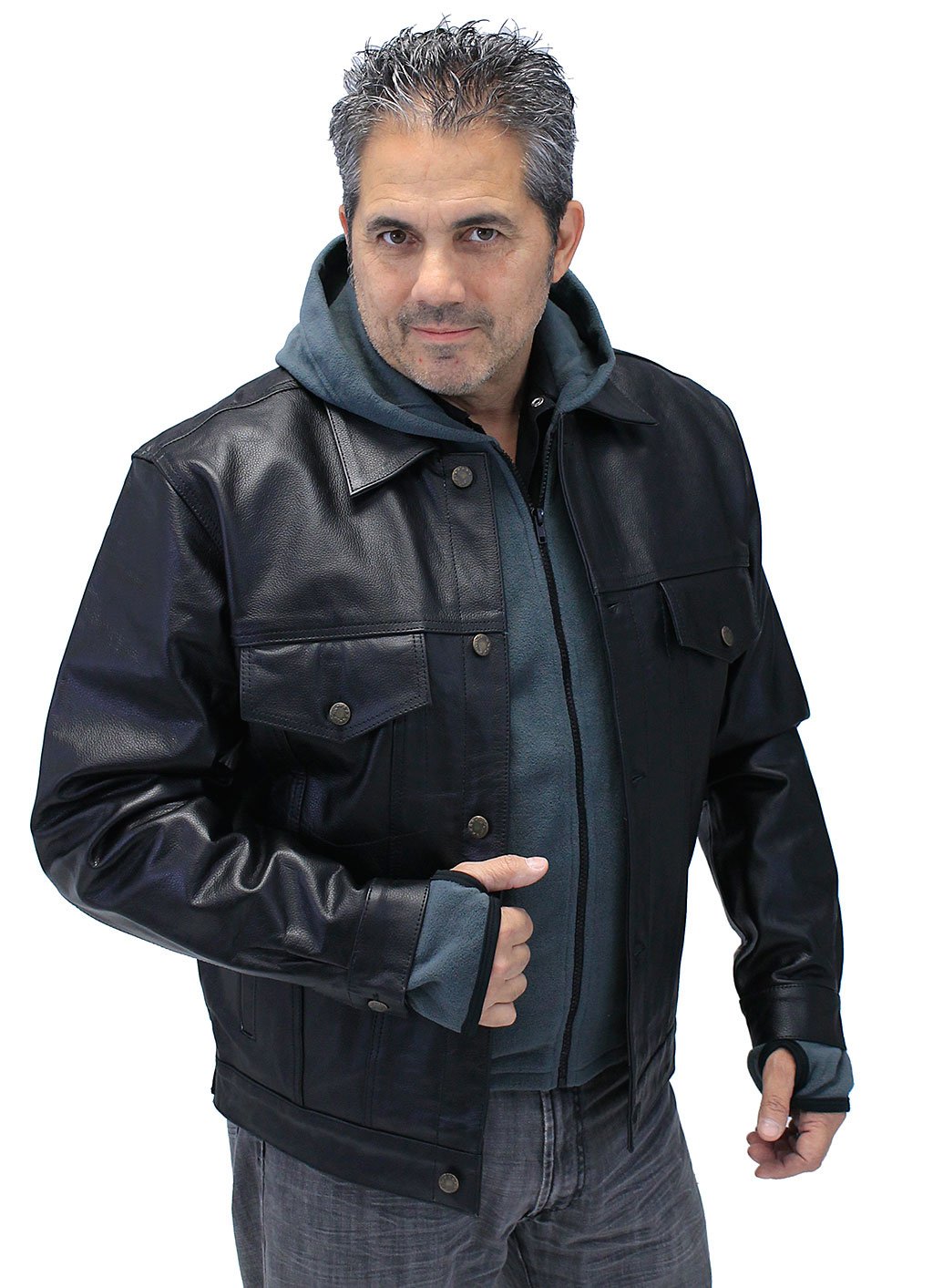 Men's Hoodie Leather Jean Jacket w/Concealed  Pockets & Hoodie #M1412HK