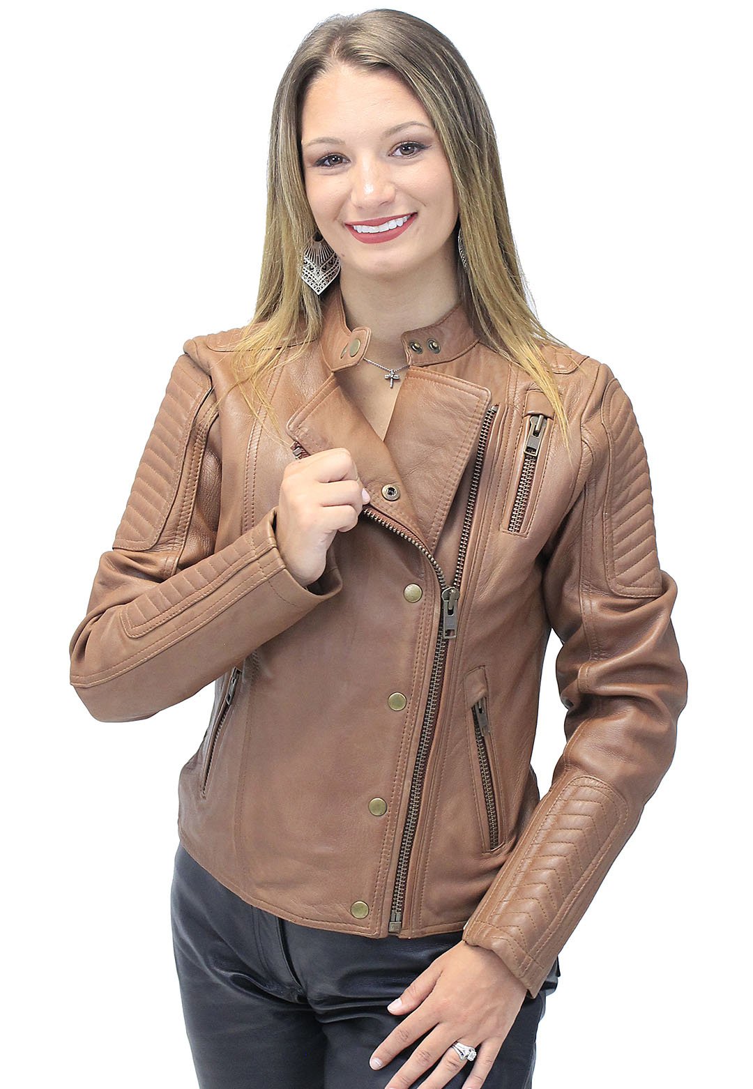 Women's Soft Brown Lambskin Zip Snap Motorcycle Jacket #L1587N  (S-5X)