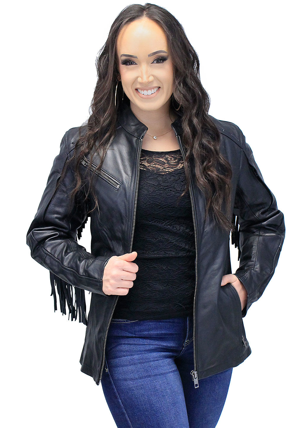 Women's Fringe Leather Jacket with Vents #L704GZRFK