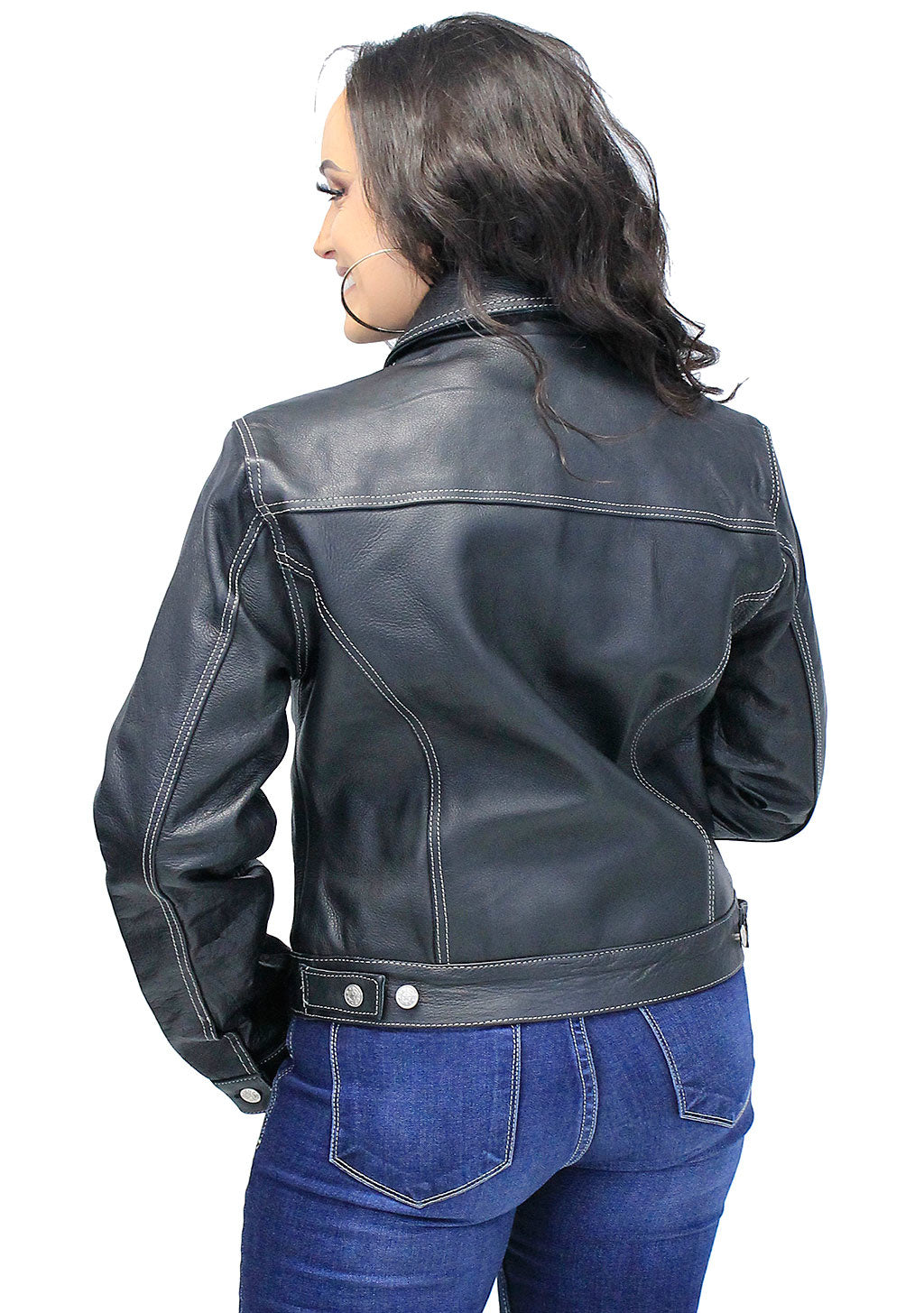 Women's Leather Jean Jacket w/Gray Stitching #L291WK (M-XL)