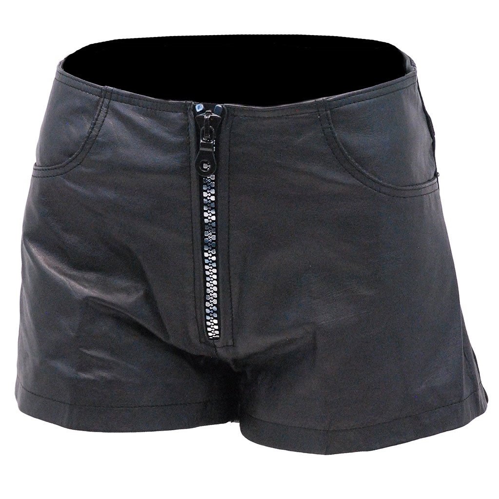 Black Leather Silver Zipper Shorts with Pant Pockets #SH1122K (XS-2X)