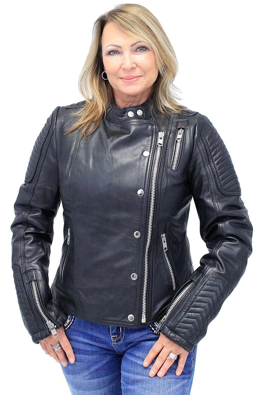 Women's Soft Black Lambskin Zip Snap Motorcycle Jacket #L187ZK