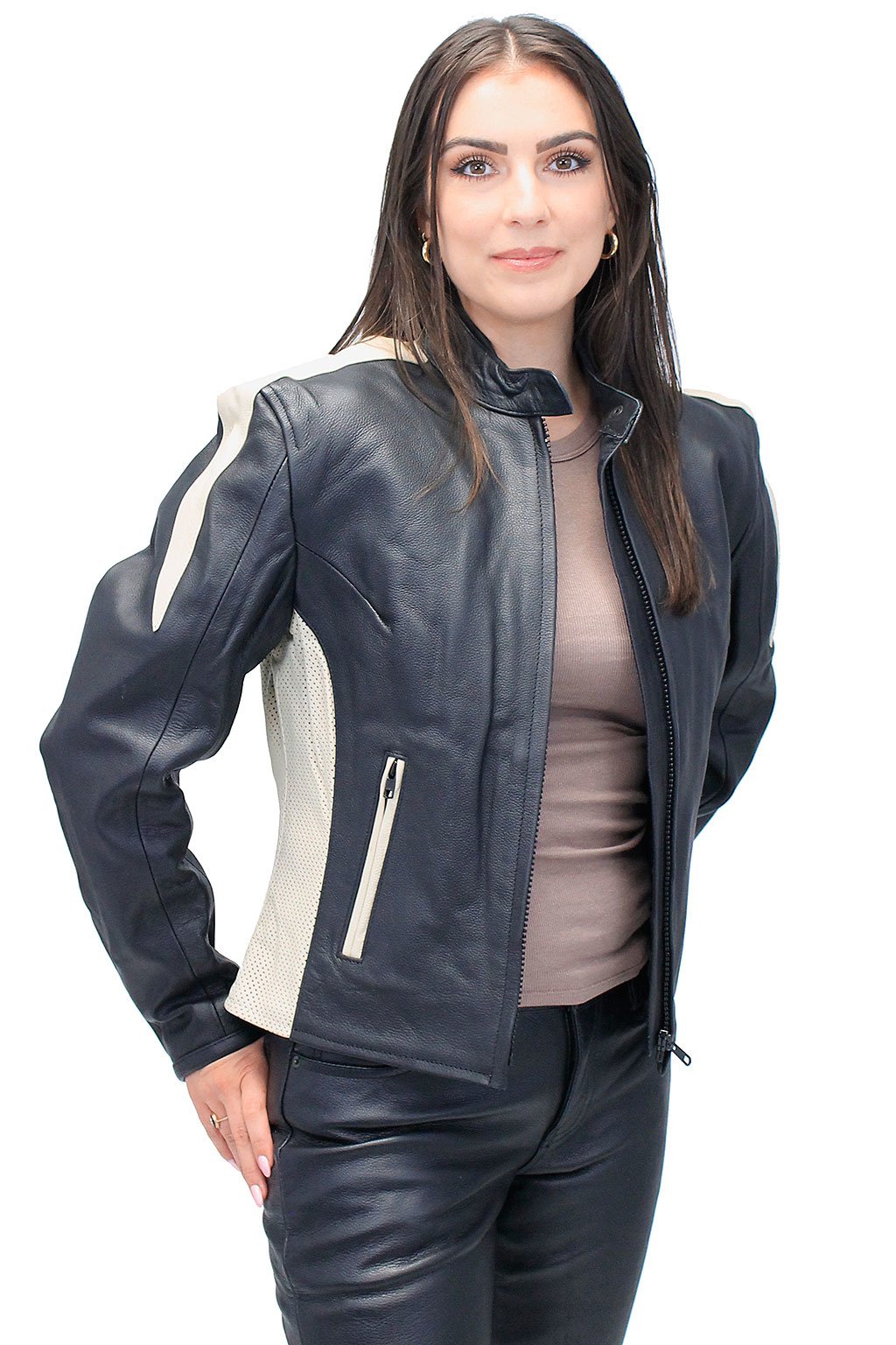 Genuine Leather Women's Cream Trim Vented Motorcycle Jacket #L16910ZC (XS-4X)